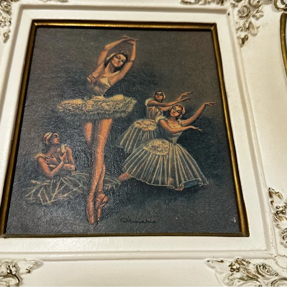 Vintage Ballerina Print Ornate Resin White/Gold Frame Hollywood Regency